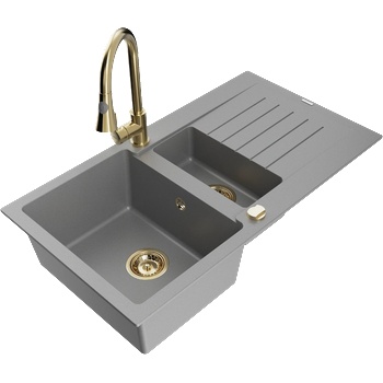 Mexen Matias гранитна мивка 1, 5-камерна с отцедник и кухненски смесител Elia, сив - 6502-71-670101-50 (6502-71-670101-50)