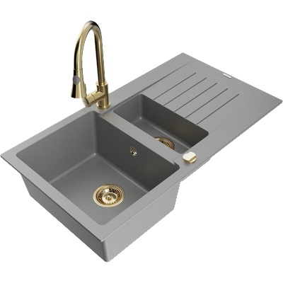 Mexen Matias гранитна мивка 1, 5-камерна с отцедник и кухненски смесител Elia, сив - 6502-71-670101-50 (6502-71-670101-50)