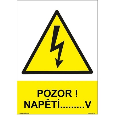 DUKO POZOR! NAPĚTÍ Formát: 148 x 210 mm, Materiál: plast 1 mm, samolepící vinylová fólie