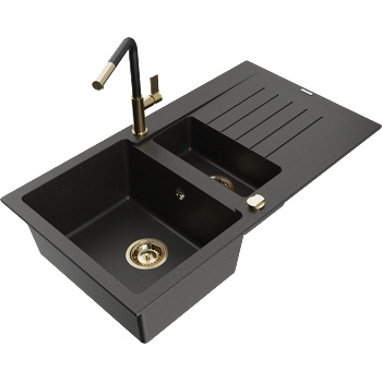 Mexen Matias гранитна мивка с 1, 5 камери с отцедник и кухненски смесител Flora, черен/златен - 6502-75-670401-57-G (6502-75-670401-57-G)
