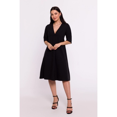 Elegantné dámske midi šaty trapézového strihu s výstrihom do v čierne