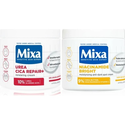 Mixa Sensitive Skin Mixa Urea Cica Repair regeneračný telový krém 400 ml + Mixa Niacinamide Bright intenzívne hydratačný krém proti tmavým škvrnám 400 ml kozmetická sada