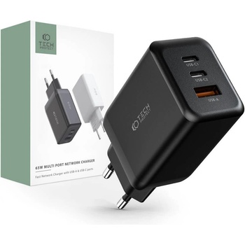Image 1 of Tech-Protect C65W Wall Charger 65W PD - захранване за ел. мрежа за лаптопи, смартфони и таблети с USB-A и 2xUSB-C изходи с технология за бързо зареждане (черен)