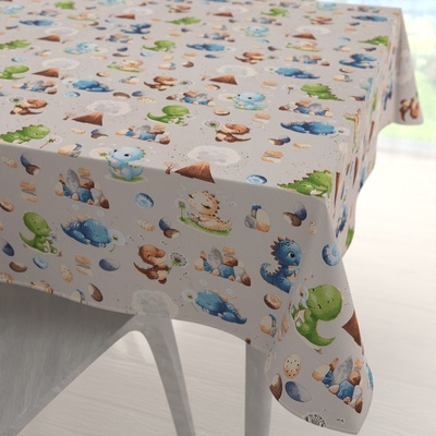 Biante Dětský bavlna čtvercový ubrus Sandra SA-656 Modro-zeleno-hnědí dinosauříci na světle šedém 100x100 cm