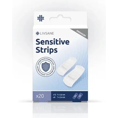 LIVSANE Náplasti Sensitive Premium prúžky 2 veľkosti 7x2 cm,7x2,4cm) na citlivú pokožku 20 ks