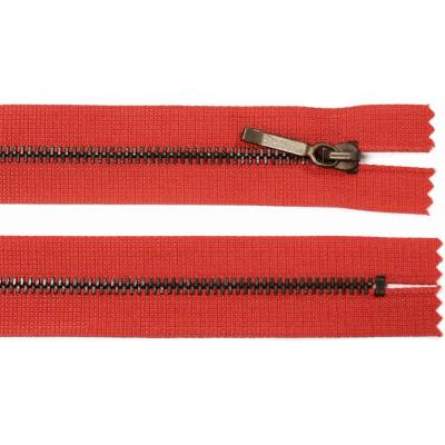 Kovový zip no.3 nerozepínací 18cm červený (staromosazné zoubky) ozdobný jezdec