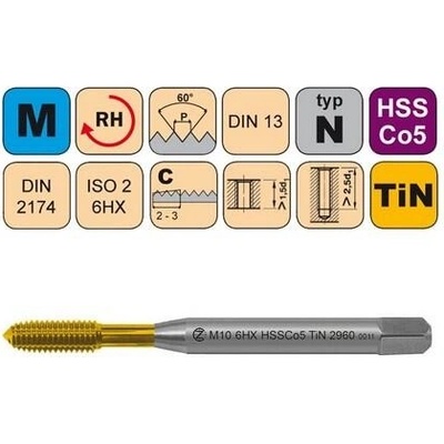NÁSTROJE CZ Tvářecí závitník M6x1 6HX HSSCo5 TiN DIN 2174 s mazací drážkou - 2960 - CZZ2960-M6-6HX