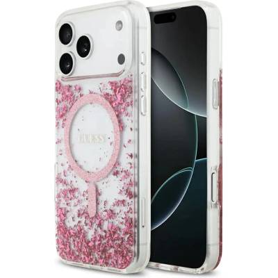GUESS Resin Bottom Glitter MagSafe Case за iPhone 17 Pro Max - розов (3666339524661)