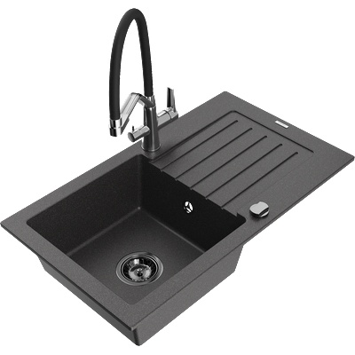 Mexen Pablo гранитна мивка с 1 отделение с оцедник и кухненски смесител Duo, черно с пръски - 6510-76-671701-07-B (6510-76-671701-07-B)