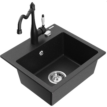 Mexen Milo гранитна мивка с 1 отделение с кухненски смесител Carla, черен/сребрист металик - 6505-73-670700-70 (6505-73-670700-70)
