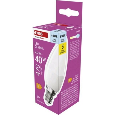 Emos LED žiarovka Classic sviečka E14 4,2 W 40 W 470 lm Studená biela ZQ3E24