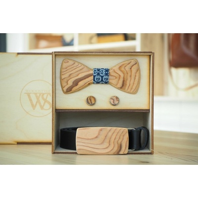 Wood Style Set Kulatý WS Modrotisk opasek motýlek a manžetové knoflíčky Hnědá Kořenice