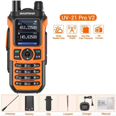 Baofeng Водоустойчива трибандова радиостанция Baofeng UV-21 PRO, до 10км обхват, 1, 77" LCD екран, 8W, 999 канала, USB-C зареждане, FM радио, Оранжева (UV-21 PRO orange)