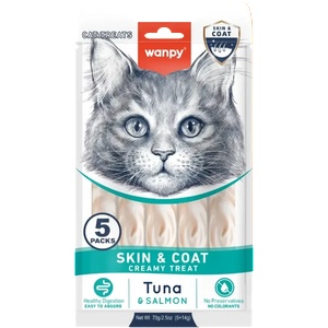 Wanpy Cat Skin&Coat кремообразно лакомство за котки с риба тон и сьомга, за лъскава козина, 5х14gr
