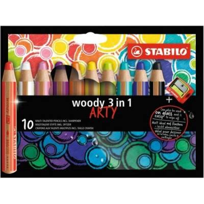 Stabilo Pastelky STABILO woody 3 v 1 ARTY barvička vodovka voskovka 10 ks + ořezávátko 450395