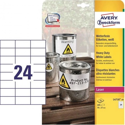 Avery-Zweckform L4718-20 70 x 37 mm prehľad produktov fólie biela 480 ks trvalé Fóliové etikety laser, kópie; L4718-20