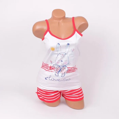 Свежа пижама в бяло и червено на райе със зайче