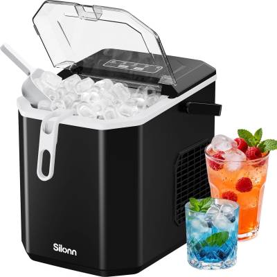 Silonn Ice Cube Machine with Handle Ice Cube Basket - Portable & Self-Cleaning, Mini Ice Maker 9 Ice Cubes/6 Min. 12 KG/Day, Simply Remove Ice Cubes and Use Anywhere - 21B3