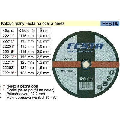 Festa Levior Kotouč řezný 125 x 2,5 x 22,2 mm 22218