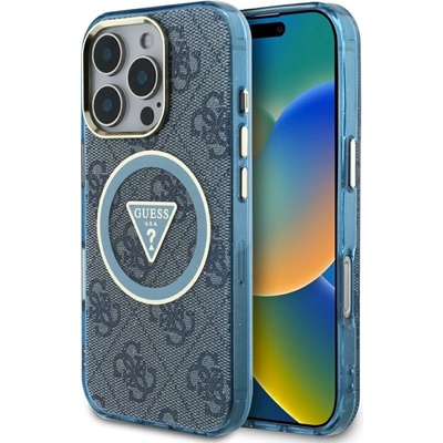 GUESS IML Metal Glitter 4G Circle Triangle MagSafe Case за iPhone 16 Pro - син