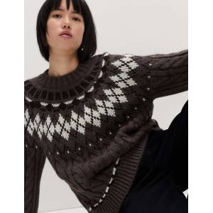 Marks & Spencer Пуловер с цял ръкав, модел с плетеници и скандинавски мотив Marks & Spencer кафяв Marks & Spencer | Kafyav | ЖЕНИ | S