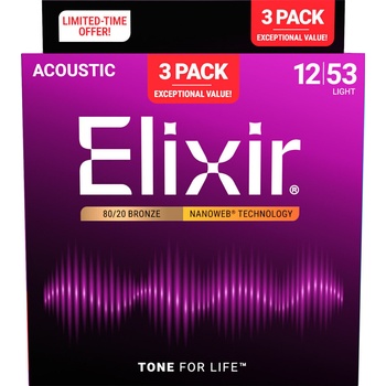 Elixir 16539 Nanoweb 12-53 3-Pack Струни за акустична китара (16539)