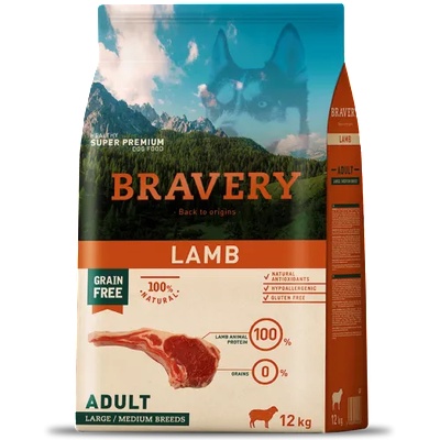Bravery lamb adult dog medium & large, натурална, хипоалергенна храна, БЕЗ ЗЪРНО за пораснали кучета от средни и едри породи над 1 година, с агнешко месо, Испания - 4 кг