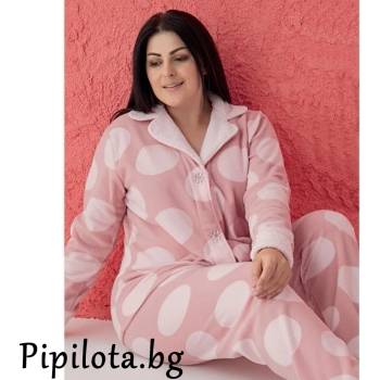 Image 1 of Макси розова поларена пижама с копчета и големи точки