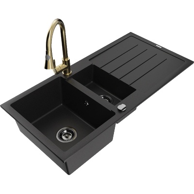 Mexen Andres гранитна мивка 1, 5-камерна с отцедник и кухненски смесител Elia, черна - 6515-77-670101-50-B (6515-77-670101-50-B)