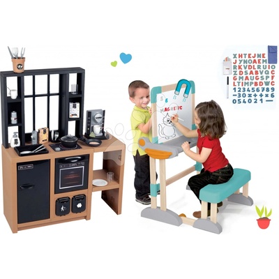 Smoby Set kuchynka moderná Loft Industrial a lavicou na písanie a kreslenie s magnetickými písmenami a číslami