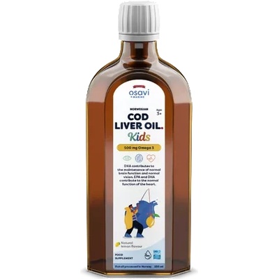 Osavi Norwegian Cod Liver Oil Kids, Omega 3 Норвежко рибено масло от черен дроб на треска, за деца, лимон, 500 мг, 250 мл