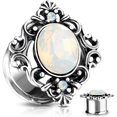 Šperky eshop sedlový tunel do ucha stříbrné barvy oválný syntetický opál filigrán AB40.04 – Zboží Mobilmania