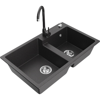 Mexen Tomas гранитна мивка с две камери и кухненски смесител Telma, черна с къпини - 6516-76-670200-76 (6516-76-670200-76)