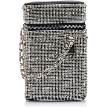 Tsoukalas Малка дамска чанта в сребрист цвят, от изкуствена кожа с кристали и бяла плетеница с каишка и верижка
