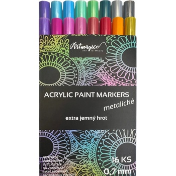 Artmagico Premium akrylové Markery wxtra jemný hrot 0.7 mm metalické sada 16 ks