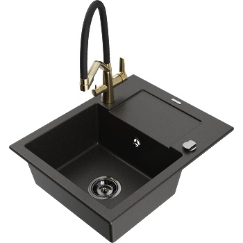 Mexen Enzo гранитна мивка с 1 отделение с отцедник и кухненски смесител Duo, черен/златен металик - 6506-75-671701-57-B (6506-75-671701-57-B)