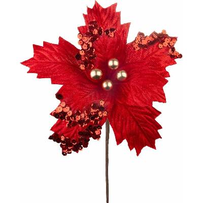 Kvet MagicHome Vianoce, poinsettia, s guľkami, červený, 18 cm, veľkosť kvetu: 20 cm