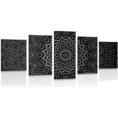 5-dílný obraz vintage Mandala v indickém stylu v černobílém provedení - 100x50