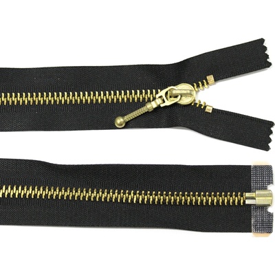 Kovový zip no.5 rozepínací 50cm černý (zlaté zoubky, přívěsek palcát)