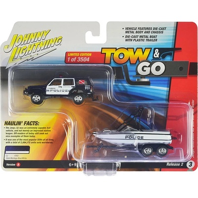 Johnny Lightning Jeep Cherokee XJ Police s lodí a přívěsem 1:64