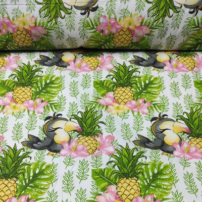 Bavlněná látka 100% bavlny, 125 g/m², šíře 160 cm, papoušek a ananas na bílém