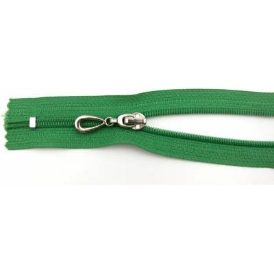 Špirálový zips č. 5 - nedeliteľný - zelený so strieborným jazdcom v tvare kvapky - dĺžka 16 cm