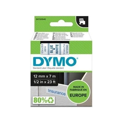 Dymo originál páska do tlačiarne štítkov, Dymo, 45014, S0720540, modrý tlač/biely podklad, 7m, 12mm, D1
