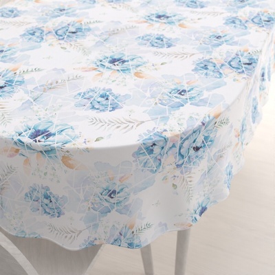 Biante Teflónový oválny obrus TF-087 Modré kvety na geometrickom bielom 140x220cm