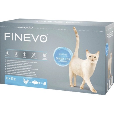Sterilised Cat FINEVO kuřecí, ryba, brambory 16 x 85 g