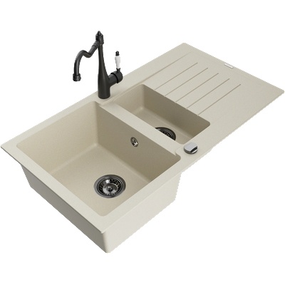 Mexen Matias гранитна мивка с 1, 5 камери с отцедник и кухненски смесител Carla, бежов - 6502-69-670700-70 (6502-69-670700-70)