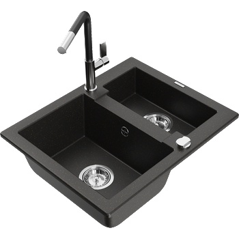 Mexen Carlos гранитна мивка 1, 5-коморова с кухненски смесител Flora, черен/златен металик - 6518-75-670401-07 (6518-75-670401-07)