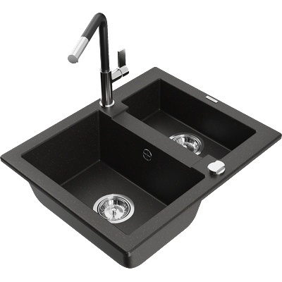 Mexen Carlos гранитна мивка 1, 5-коморова с кухненски смесител Flora, черен/златен металик - 6518-75-670401-07 (6518-75-670401-07)