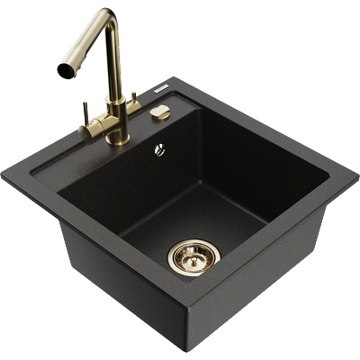 Mexen Vito гранитна мивка с 1 отделение с кухненски смесител Duero, черен/златист металик - 6503-75-671600-50 (6503-75-671600-50)