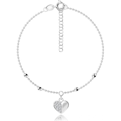 Šperky Eshop - Stříbrný náramek 925 - nastavitelný, přívěsek srdce, kulaté zirkony, hladké korálky G04.24